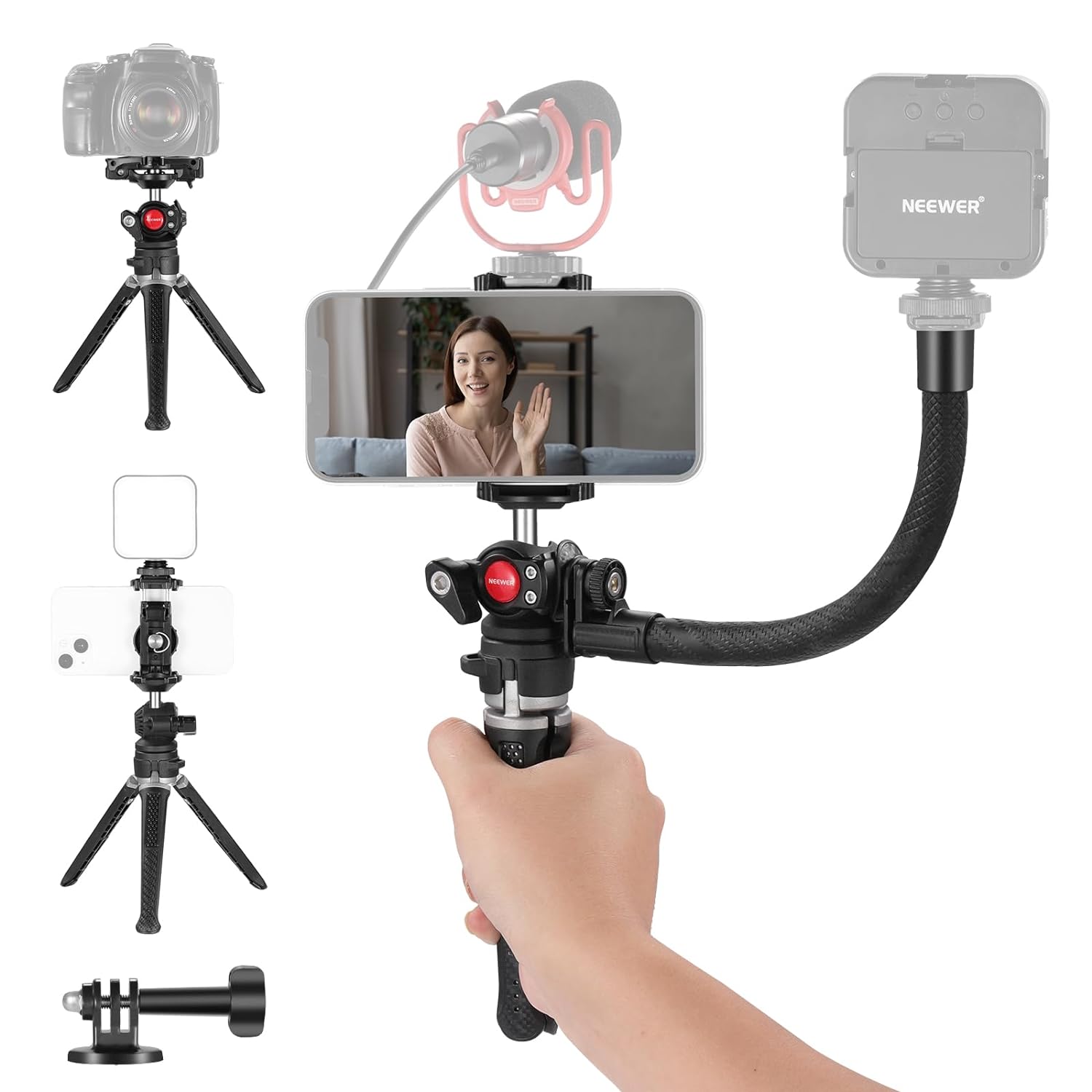 NEEWER Mini Camera Tripod with 2 in 1 Phone Holder/Action Cam Adapter/Flexible Arm for LED Light/Mic, Portable Travel Tripod Compatible with GoPro iPhone for Vlogging Filming Video Recording, TS006