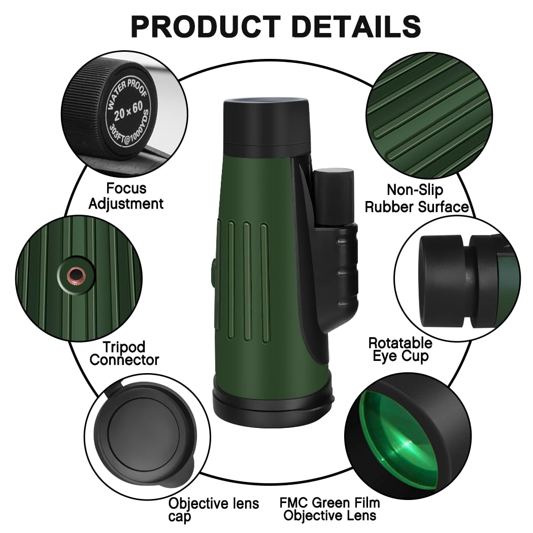 Monocular Telescope for Adults with Smartphone Holder and Tripod, 20x60 High Power Monocular, Compact Handheld Telescope with BAK4 Prism&FMC Lens for Camping Travel Hiking Bird Watching Hunting