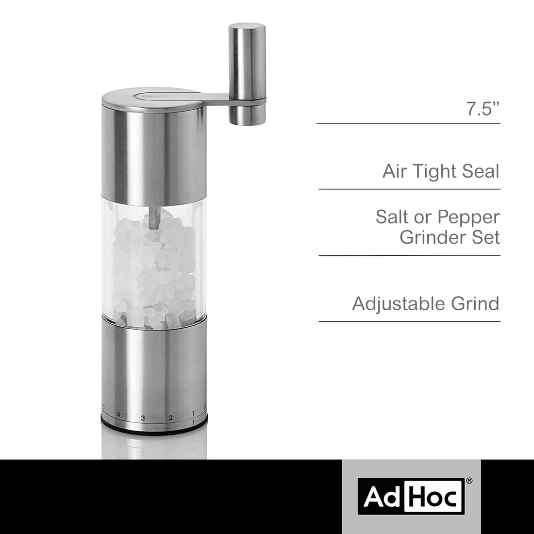 AdHoc MP57US Geared Salt & Pepper Mill, 7.5", Stainless Steel