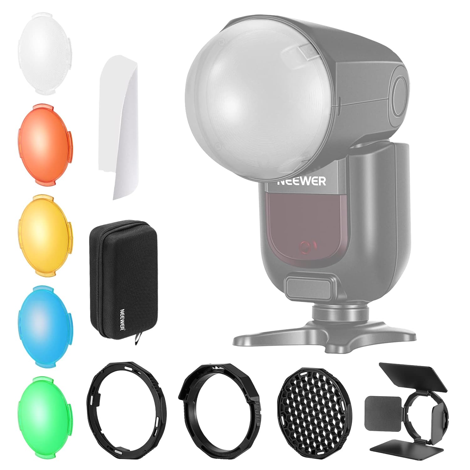 NEEWER Z1 Round Head Flash Accessories Kit for Z1-S, Z1-N, Z1-C Speedlite, Includes Barndoor, Honeycomb Grid, Gel Color Filters, Dome Diffuser, Diffuser Panel, Bounce Diffuser, Carrying Bag, GM-M1