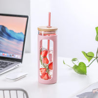 Kodrine 20 oz Glass Water Tumble with Straw and Lid, 2 Bamboo Lids Water Bottle, Iced Coffer Cup Reusable, Wide Mouth Smoothie Cup, Straw Silicone Protective Sleeve BPA FREE-Pink