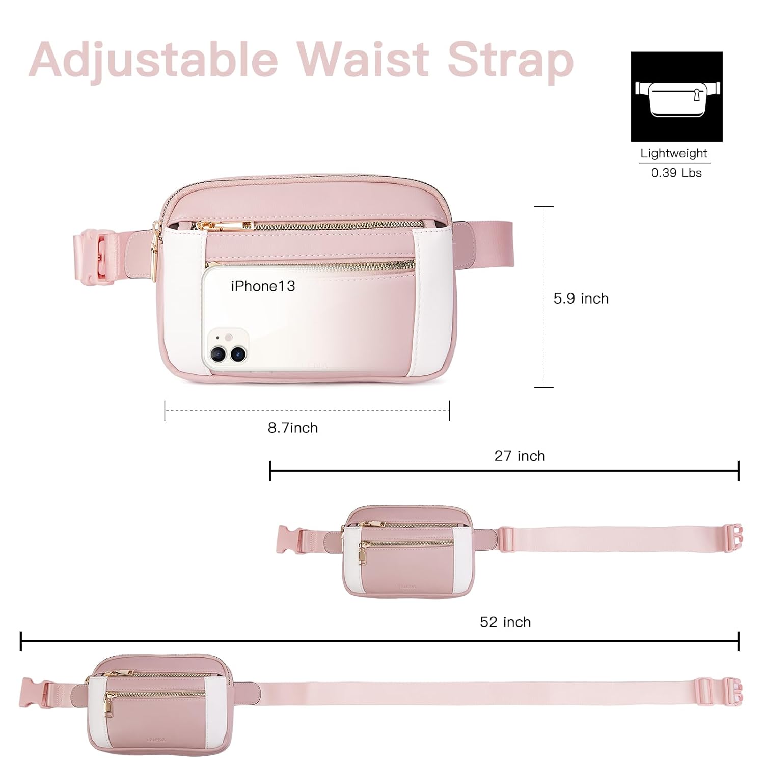 Telena Fanny Packs for Women Cross Body Bag Leather Belt Bag Fashionable Waist Bag with Adjustable Strap, Pink-White, One Size