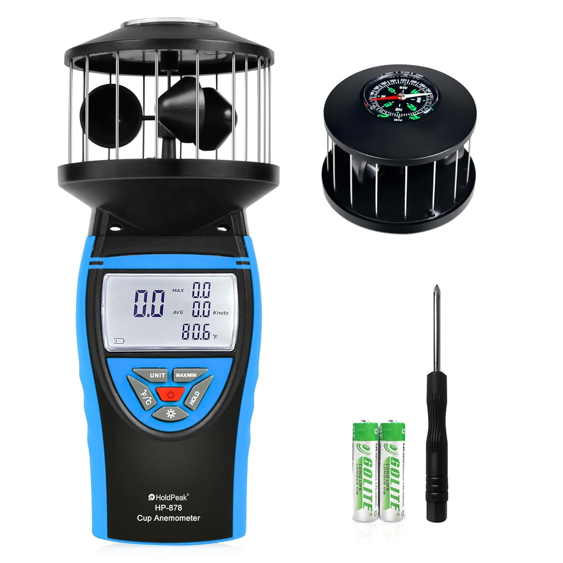 Digital Anemometer with Compass, HOLDPEAK HP-878 Cup Wind Speed Meter for Outdoor with 360° Wind Measuring, 0.7-42m/s High Accuracy Handheld Wind Gauge, LED Display, MAX/MIN, Auto Shut Down, ℃/℉