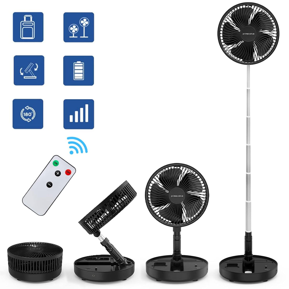 Primevolve 8.7 inch Battery Operated Fan for Bedroom with Remote, Rechargeable Portable USB Fan with Adjustable Height for Camping Tent Travel Black