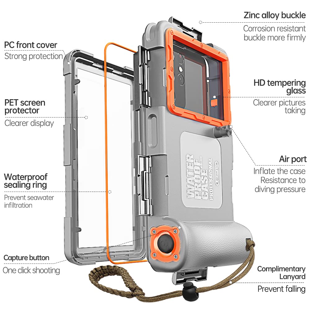 (2nd Gen) Universal Phone Waterproof Case for Most of Samsung Galaxy and iPhone Series, 66ft Underwater Photography Waterproof Housing, Diving Case for Surfing Swimming Photo (Gray+Orange)