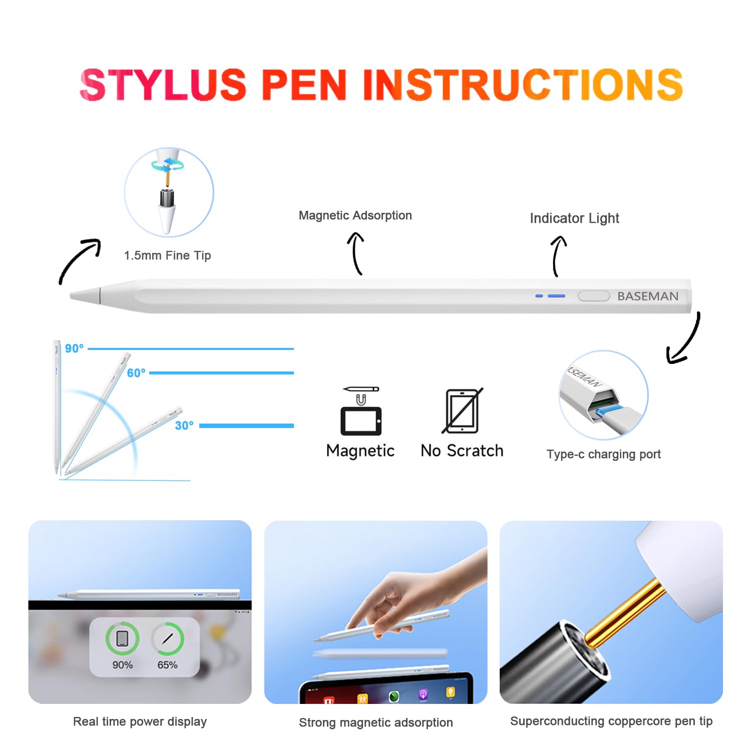 BASEMAN Stylus Pen for iPad with Palm Rejection, Tilt Sensitive Pencil for Apple iPad Pen Compatible with iPad 10/9/8/7/6th Gen, iPad Air 5/4/3rd Gen, iPad Pro 11&12.9 inch, iPad Mini 6/5th Gen