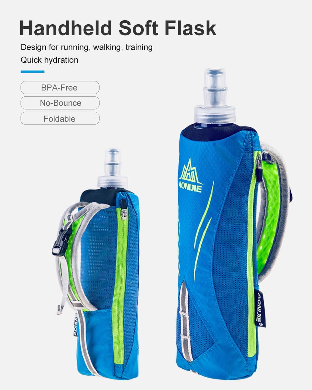 AONIJIE Running Water Bottle Hand Held for Runners, Fit 6.5 Inches Phone, Collapsible 17oz/ 500ml Soft Flask, Adjustable Strap Handheld for Walking, Hiking