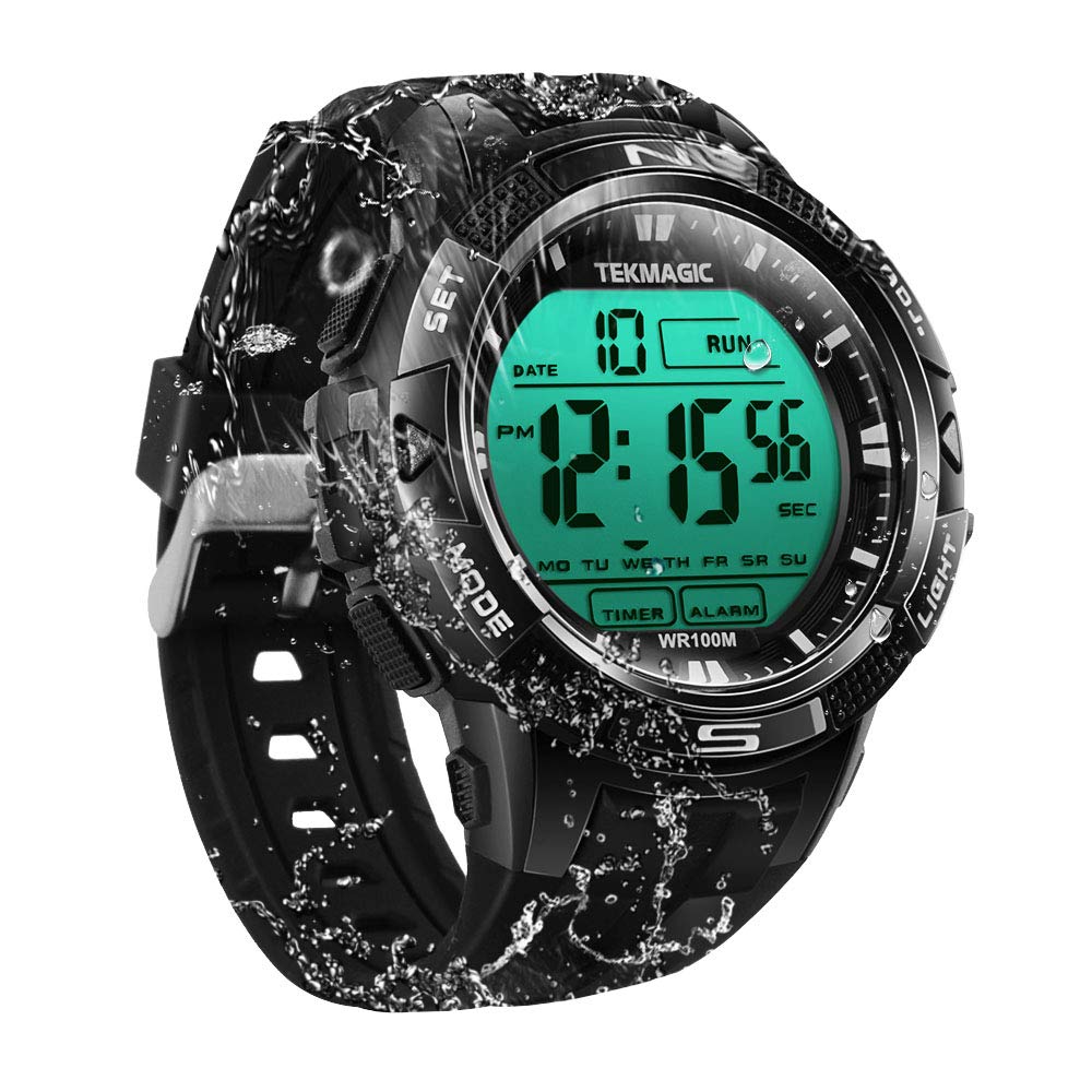 TEKMAGIC Digital Watch 100m Underwater Waterproof for Swimming Diving with Stopwatch, 12/24 Hour Format, Dual Time Zone, Alarm Functions