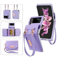XIMAND for Samsung Galaxy Z Flip 3 Wallet Case with Built-in Leather Cash Slot and Credit Card Holder. Wristlet Strap and Hinge Protection, Carrying Handbag Phone Case for Women Ladies.(Purple)