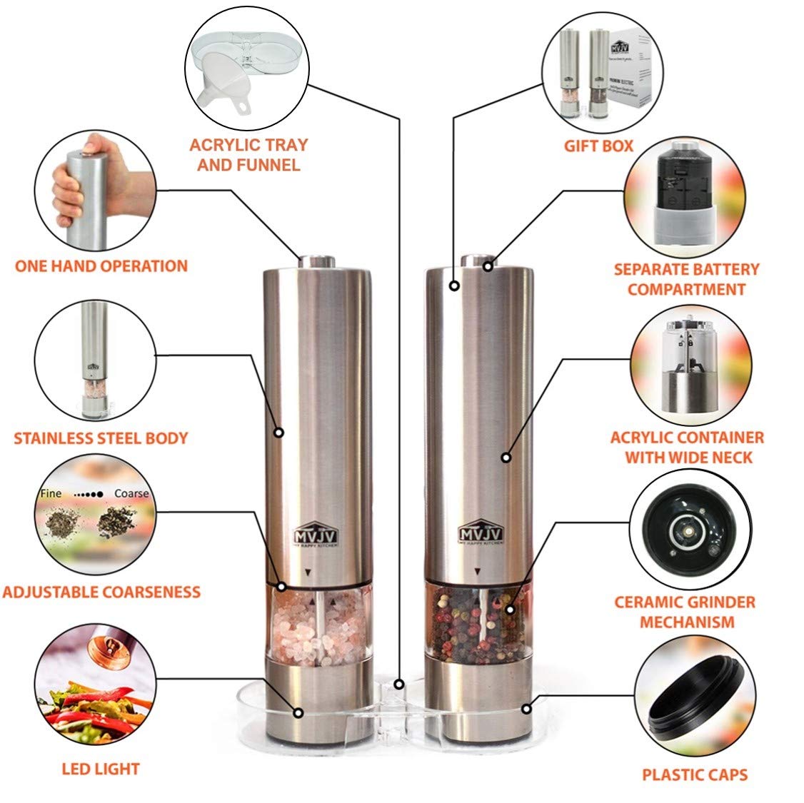Electric Battery Operated Automatic Salt and Pepper Grinder Set - Stainless Steel and Acrylic Body | Tray Stand - Funnel - Mill Lids | LED Light | Adjustable Coarseness Ceramic Mill Shaker (2-Pack)
