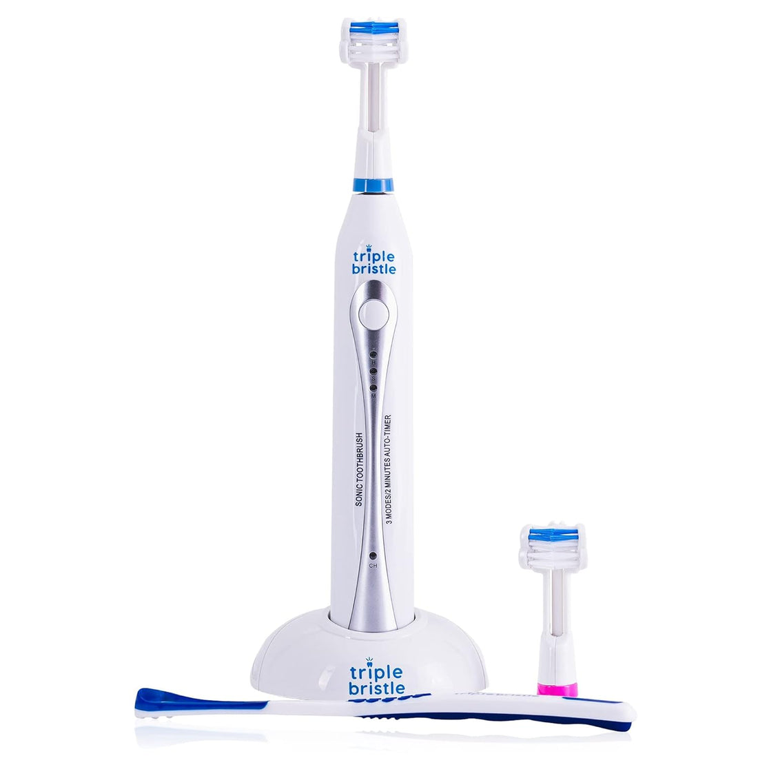 Triple Bristle Rechargeable Sonic Toothbrush - Unique & Patented Electric 3 Brush Head Design - Whiter Teeth & Brighter Smile in 1/3 The Time - Perfect Angle Bristles Properly Clean Each Tooth