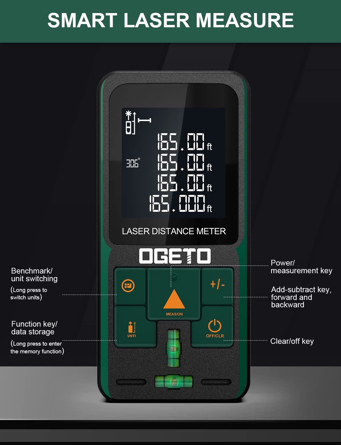 Laser Measure with Digital Angle, Ogeto 165 Feet Laser Distance Meter with Electronic Level Control, M/in/Ft Unit Switching Backlit LCD and Pythagorean Mode, Measure Distance, Area and Volume