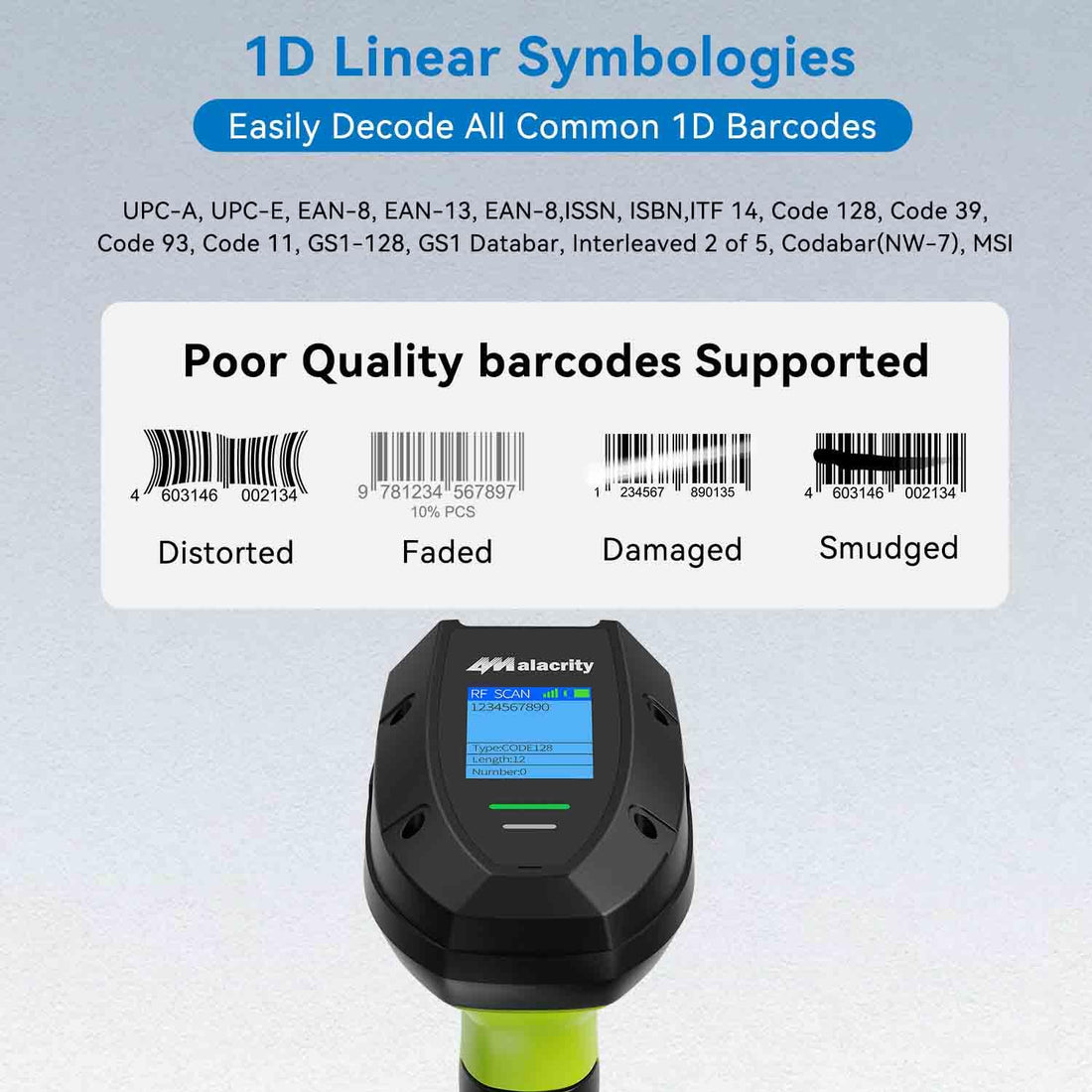 Alacrity 2024 1D Laser Industrial Barcode Scanner with LCD Display, 2.4Ghz Wireless & Wired 2in1 Barcode Reader, Shock Dust Proof Hands Free, Green