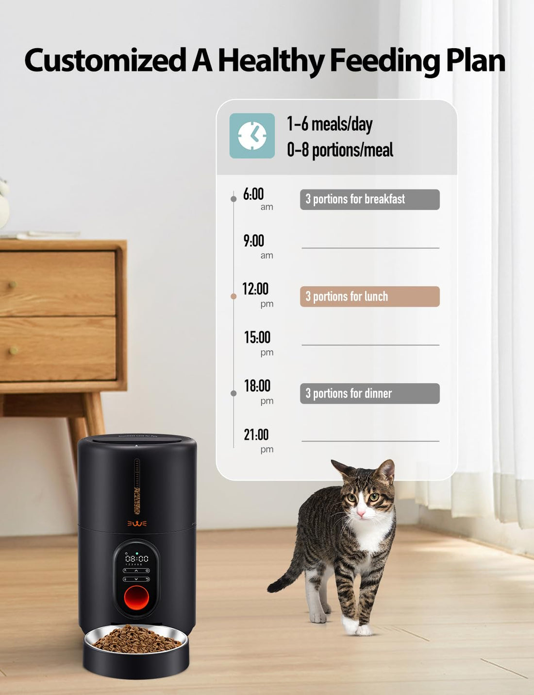 Tetsbo Automatic Cat Feeders - 4L Pet Dry Food Dispenser for Cats and Small Medium Dogs 6 Meals with Desiccant Bag Dual Power Supply 10S Voice Recorder