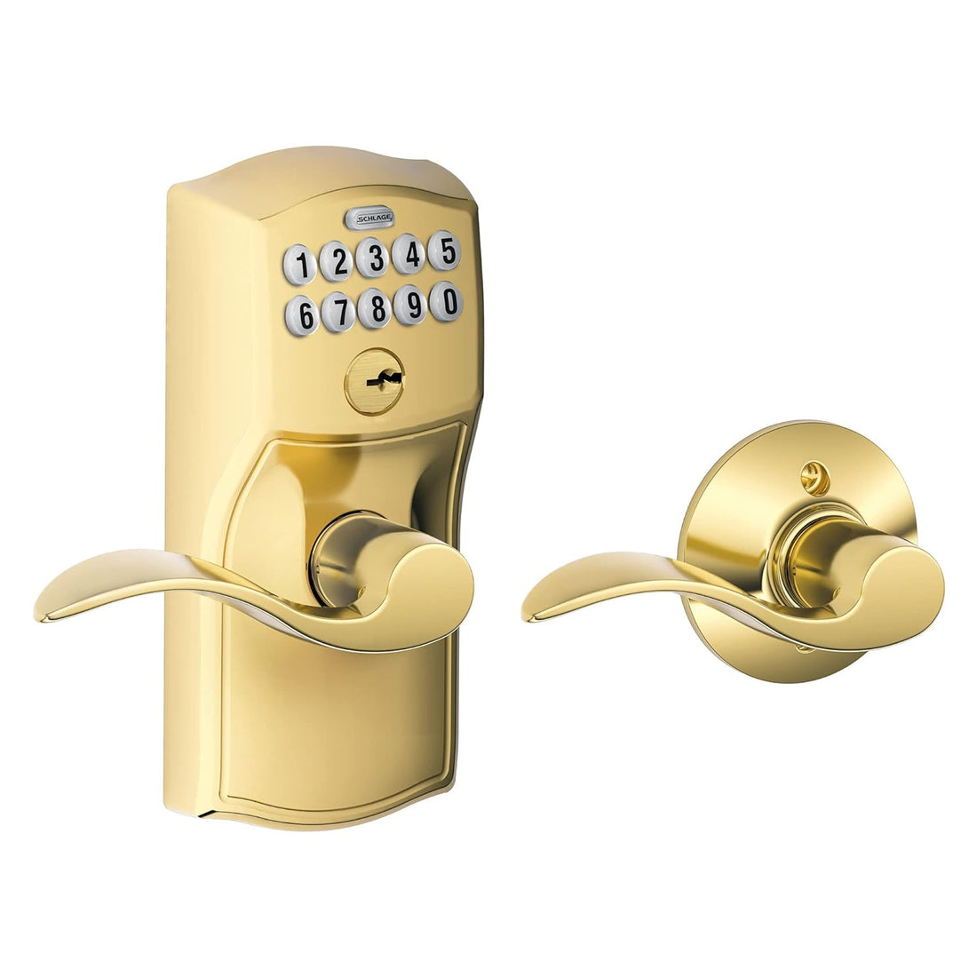 Schlage FE575 CAM 505 Acc Camelot Keypad Entry with Auto-Lock and Accent Levers, Bright Brass