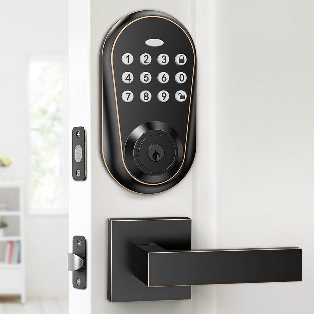 IRONZON Keyless Entry Door Lock with Door Handles, Electronic Door Lock with Keypad Deadbolt, Auto-Lock Keyless Door Lock, Front Door Lock Set, Anti-Peeping&Easy Installation of Keyless Deadbolt