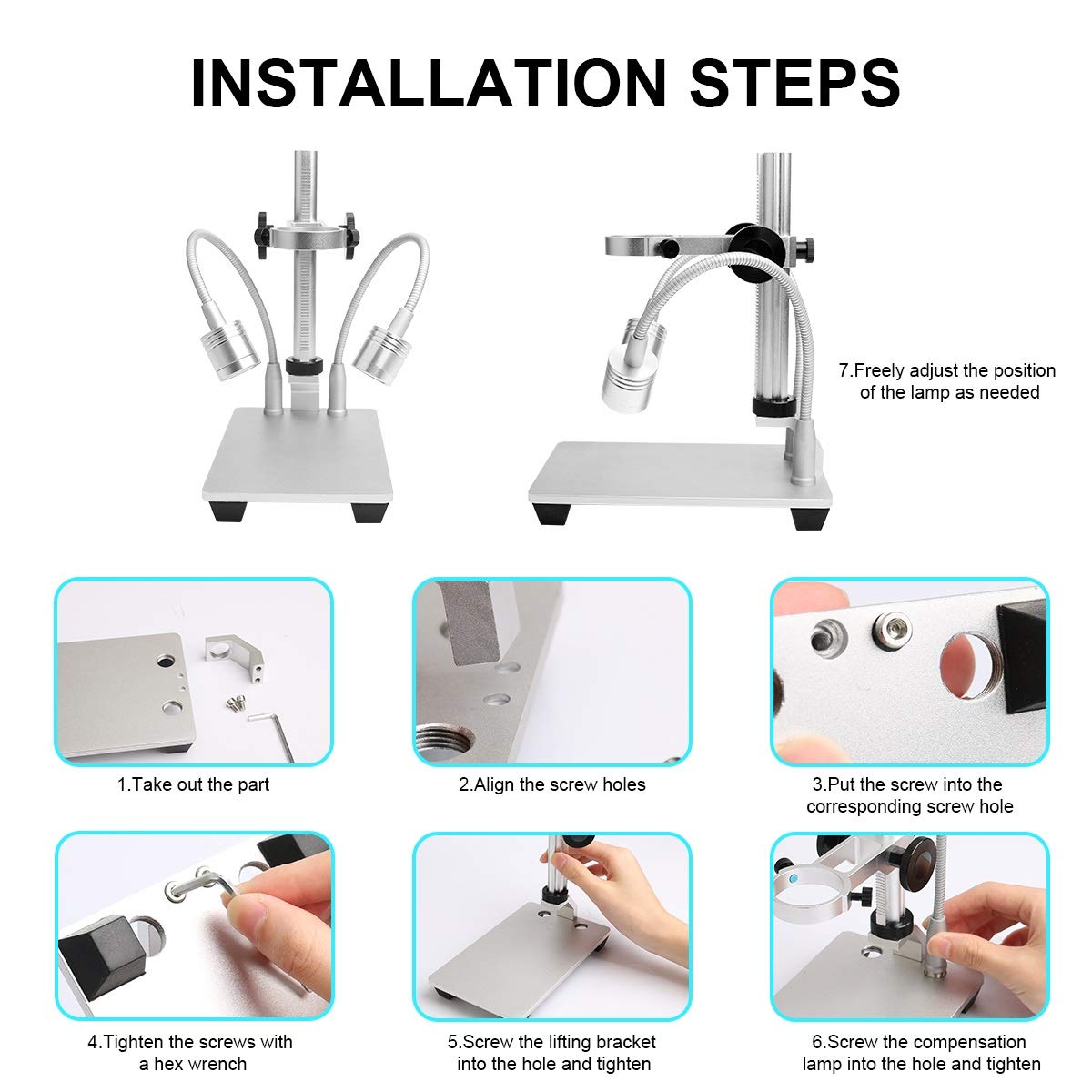 Jiusion Updated with 2 Lamps Aluminum Alloy Universal Adjustable Professional Base Stand Holder Desktop Support Bracket for Max 1.4" in Diameter USB Digital Microscope Endoscope Magnifier Loupe Camera