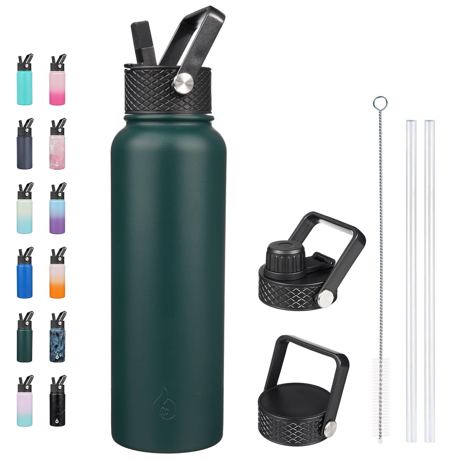 BJPKPK Insulated Water Bottles with Straw Lid, 40oz Large Water Bottle, Stainless Steel Metal Water Bottle with 3 Lids, Reusable Thermos Bottle, Cold & Hot Water Bottle for Sports, Gym-Army Green