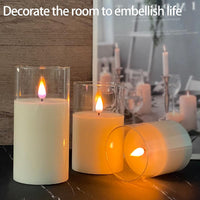 LEDHOLYT Flameless Candle, Flashing LED Pillar Candle with Remote Control and Timer, Upgraded Teardrop Wick with Blue Light, Clear Glass Electronic Candles with Built-in Battery Charging, 1 Set of 3