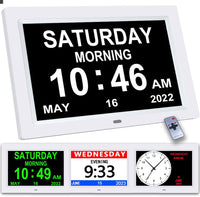 Extra Large Impaired Vision Digital Calendar Day Clock Photo Frame- Auto Dimmable Display 12 Alarm Options, Day Clock with Non-Abbreviated Day & Month Alarm Clock(9 inch White)