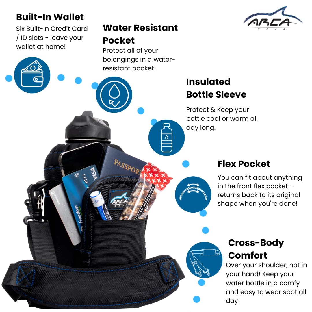 Arca Gear 64 oz Hydro Carrier - Insulated Water Bottle Sling w/Carry Handle, Shoulder Strap, Wallet and Two Pouches - The Perfect Flask Accessory