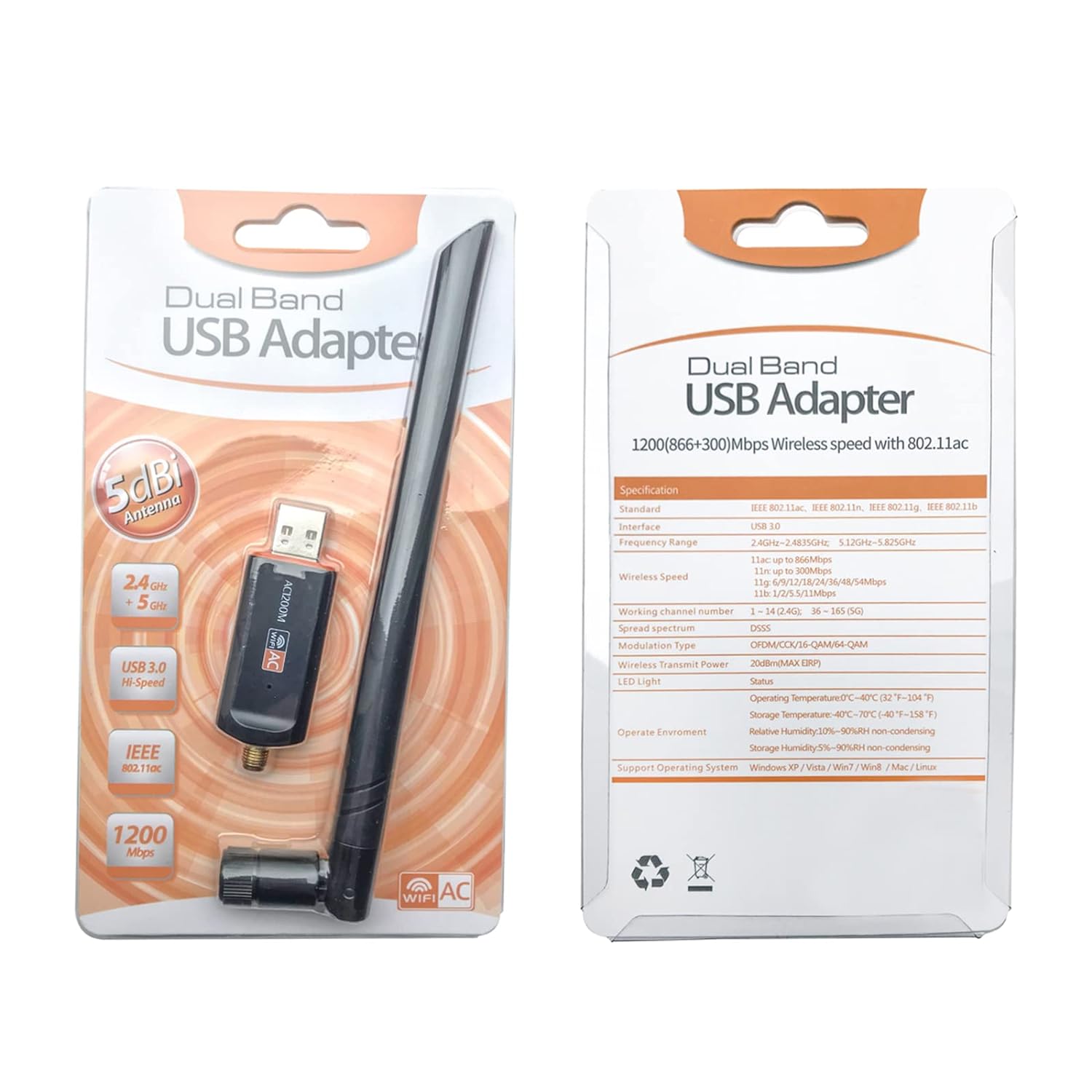 1200Mbps Wireless USB Wifi Adapter, with External Antenna, Dual Band 2.4GHz/5GHz