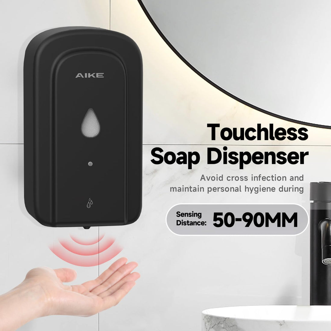 AIKE Wall Mount Automatic Soap Dispenser Commercial Stainless Steel 1000ml Large Capacity Cover Model AK1223 Matte Black