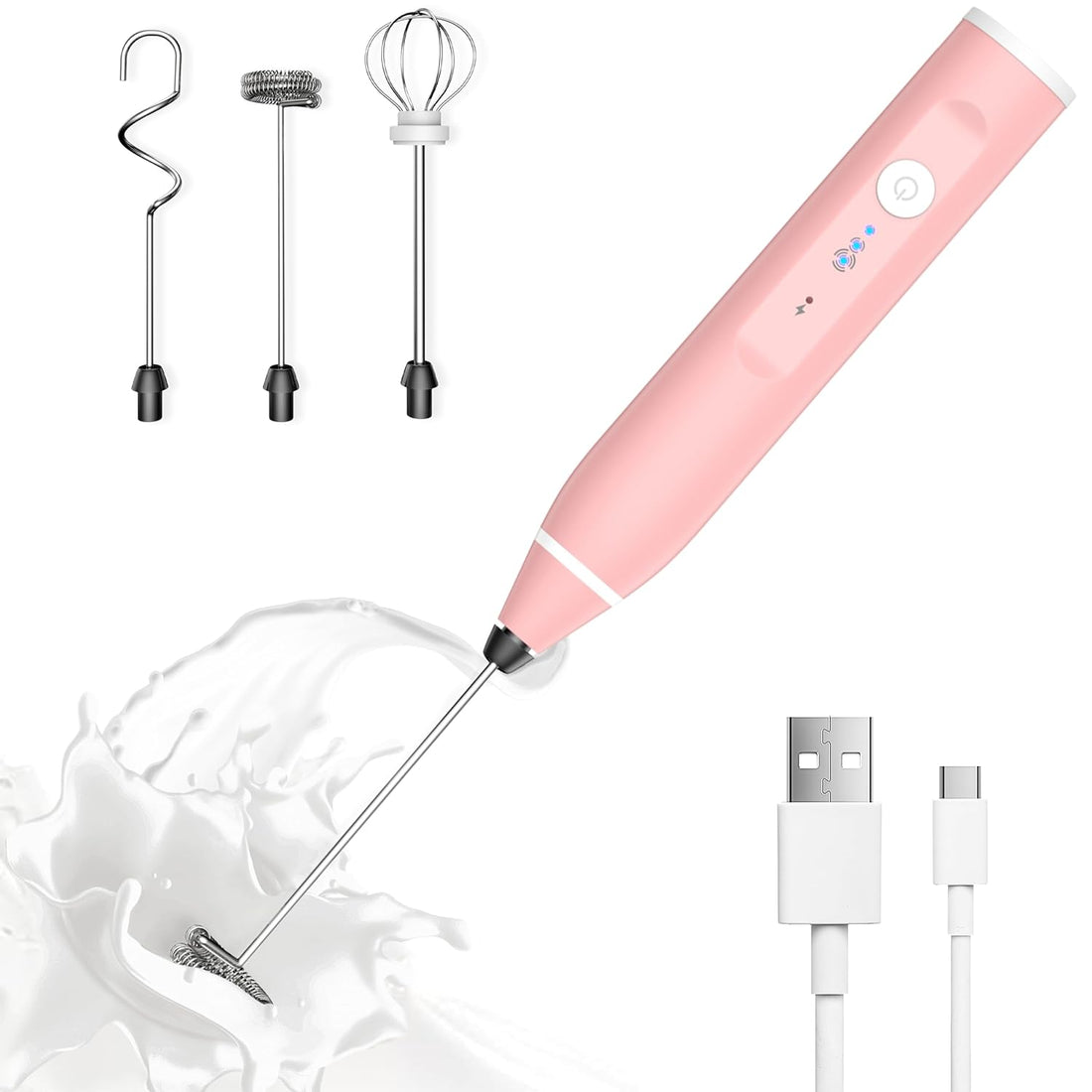 Milk Frother Rechargeable Handheld Electric Whisk Coffee Frother Mixer with 3 Stainless whisks 3 Speed Adjustable Foam Maker Blender for Coffee Matcha Latte Cappuccino Hot Chocolate(Pink)