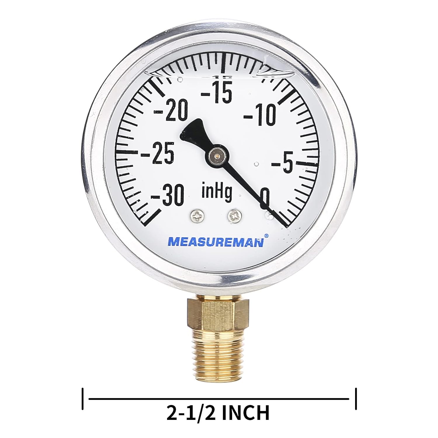 MEASUREMAN 2-1/2inch Dial Size, Glycerin Filled Plumbing Pressure Gauge, 30inHg-0, Stainless Steel Case, 1/4inchNPT Lower Mount