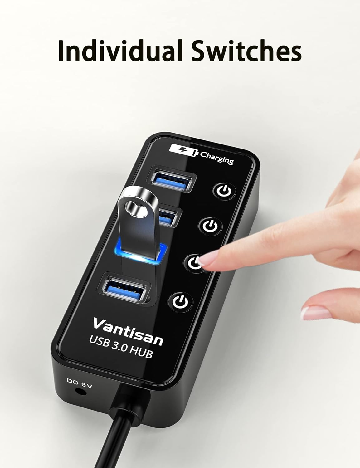 vantisan Powered USB 3.0 Hub, USB Extension 4-Port USB Hub Splitter (4 USB 3.0 Data Ports+1 Smart Charging Port) with 5V/3A Powered Adapter and Individual ON/Off Switches