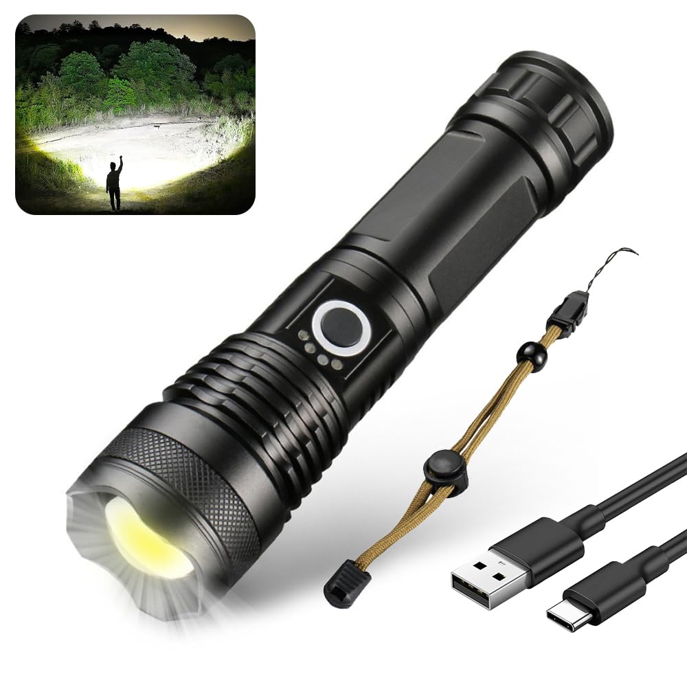 LOVME Rechargeable LED Flashlights 10000 Lumens, High Power Led Flashlight, XHP50 Powerful Tactical Flashlight with Zoomable, 5 Modes, IPX4 Waterproof, Flashlight for Camping, Hiking, Emergencies