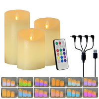 LEDHOLYT Flameless Candle RGB Set, Flickering LED Pillar Candle with Remote Control and Timer, Upgraded Blue Flame Heart, Built-in Battery Rechargeable Flameless Candle, 1 Set of 3