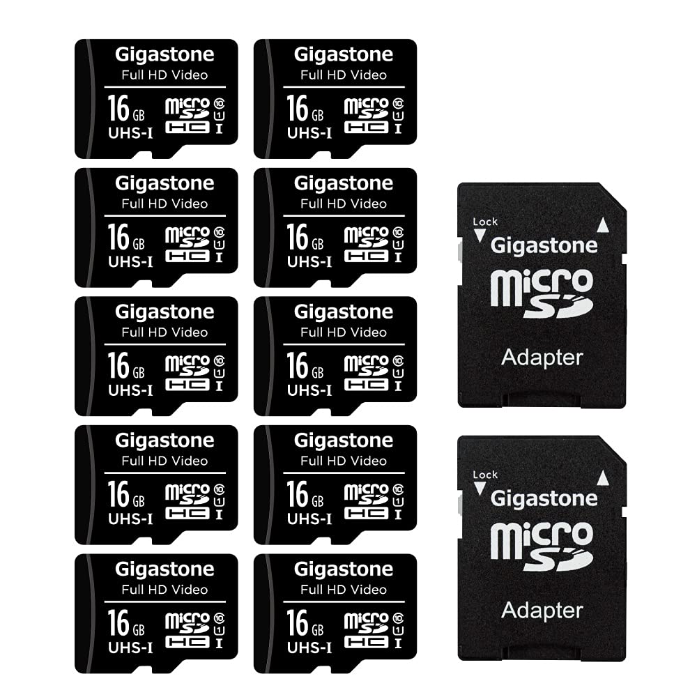 [Gigastone] 16GB Micro SD Card 10 Pack, Full HD Video, Surveillance Security Cam Action Camera Drone, 85MB/s Micro SDHC Class 10, with Adapter