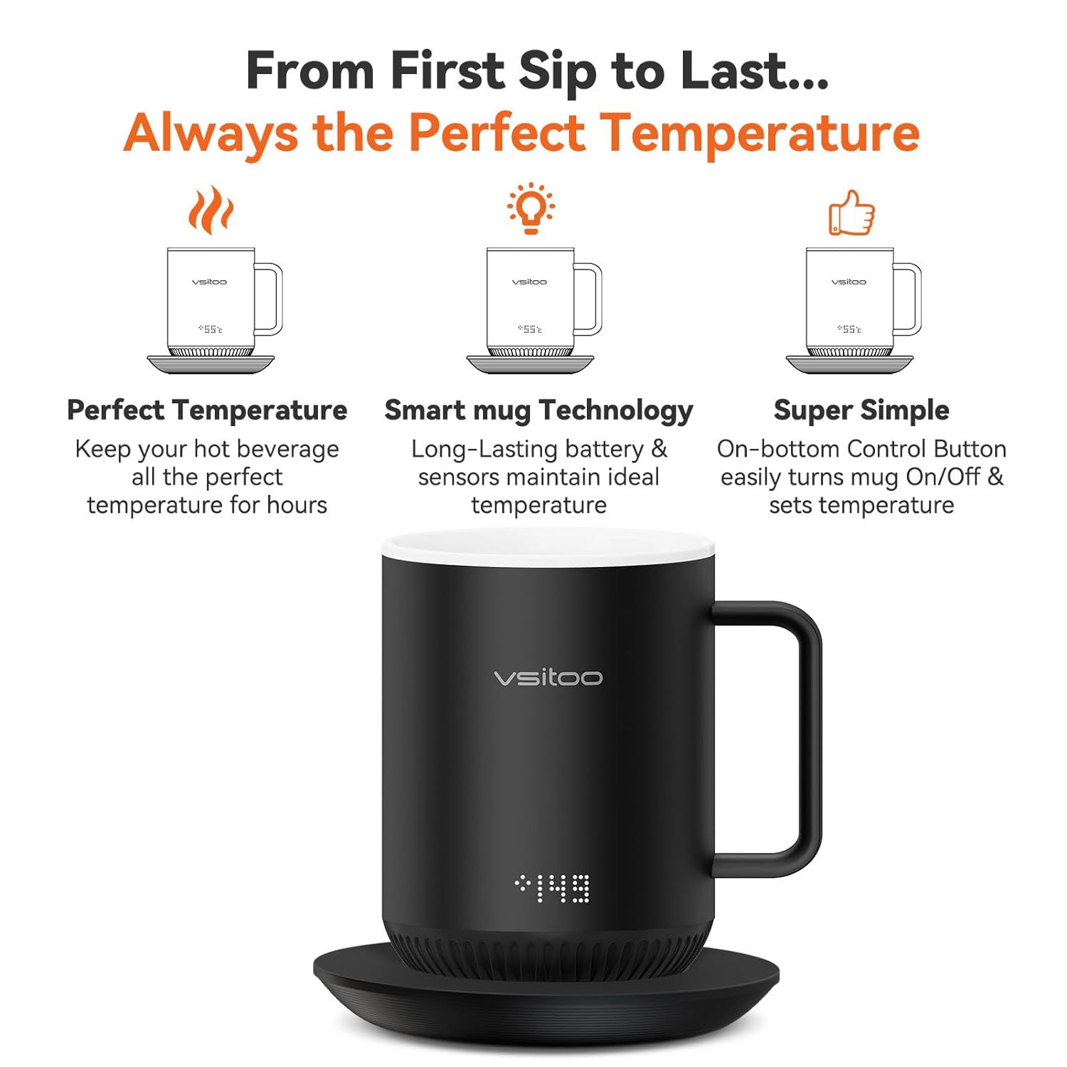 VSITOO S3 Temperature Control Smart Mug 2 with Lid, Self Heating Coffee Mug 10 oz, Touch Tech&LED Display, White, 1.5-hr Battery Life - App Controlled Heated Coffee Mug - Improved Design, Coffee Gifts