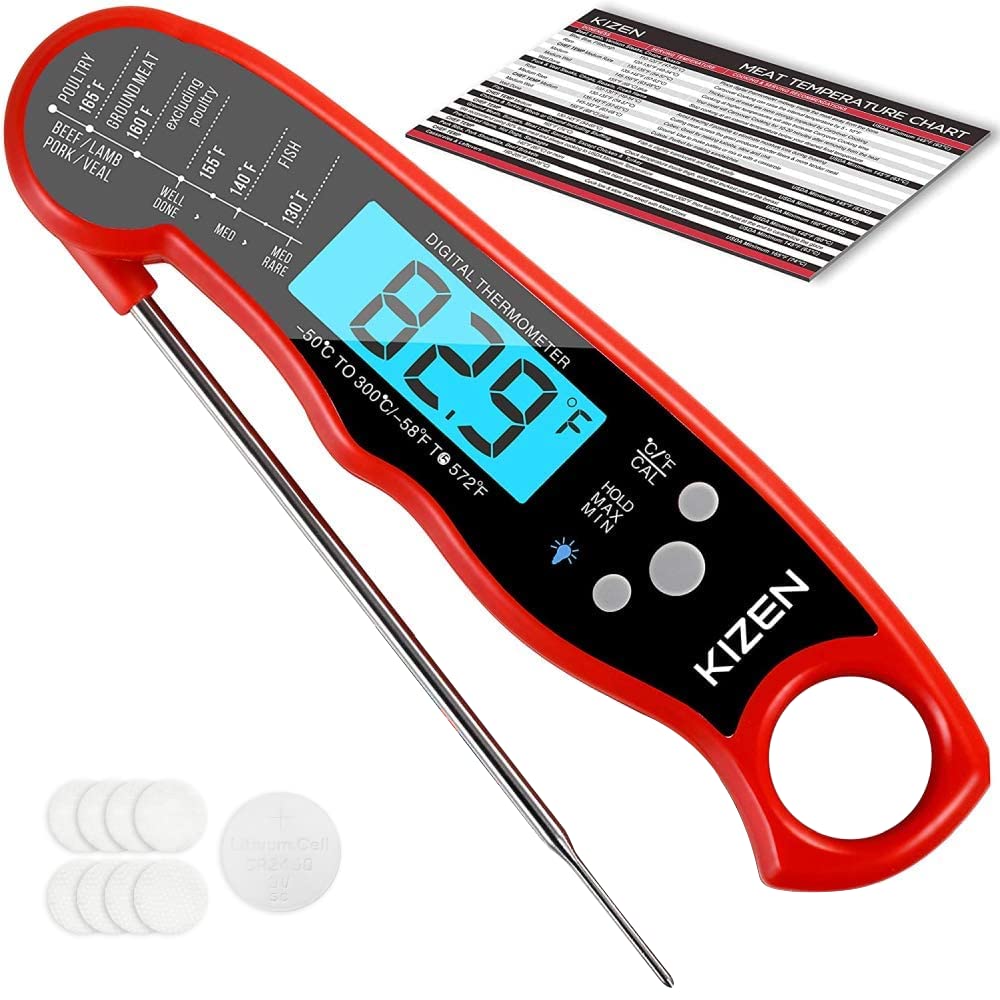 Kizen Instant Read Meat Thermometer - Best Waterproof Ultra Fast Thermometer with Backlight & Calibration. Kizen Digital Food Thermometer for Kitchen, Outdoor Cooking, BBQ, and Grill! (Red Midnight)