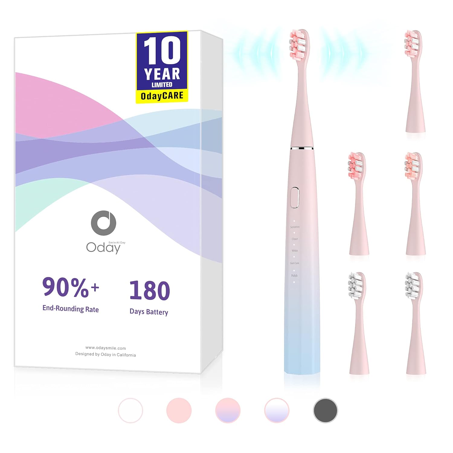 Oday N9000 Sonic Electric Toothbrush, 90% End-Rounding, 10 YR Warranty, 2,000 mAh Battery (180 Days), IPX7 Waterproof, 43,000 VPM (2nd Gen. 3S Sonic Motor), 5 Modes with Smart Timer, 6 Brush Heads