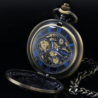 Alwesam Vintage Mechanical Hand Wind Pocket Watch Roman Numerals Scale Steampunk with Chain Box, bronze-B