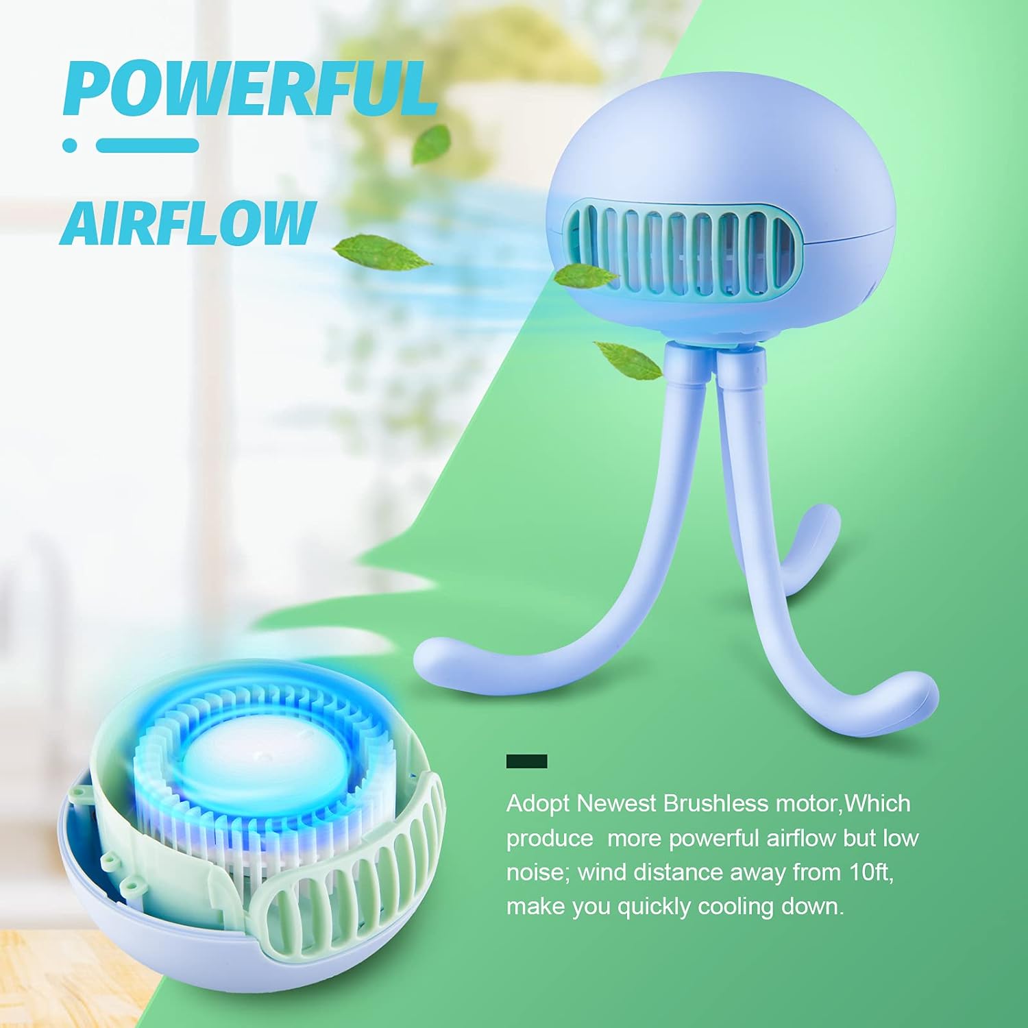 Stroller Fan Mini Handheld Fan Portable Bladeless Fan with Flexible Tripod Clip on Stroller Fan 3 Speeds Rechargeable Battery Operated Fan for Baby Stroller, Bike, Car Seat, Crib and Desktop (Blue)