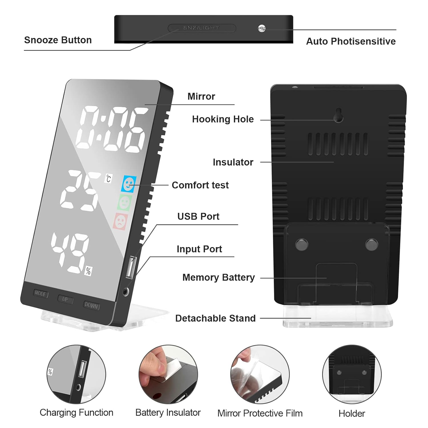 Yimmsoka Digital Wall Clock,Led Clock,Alarm Clock with USB Charger,Bedroom Clock,Table Clock,Smart Alarm Clock,Mirror Clock,Wall Clock with Temperature,Clock with Smile Face (Black)