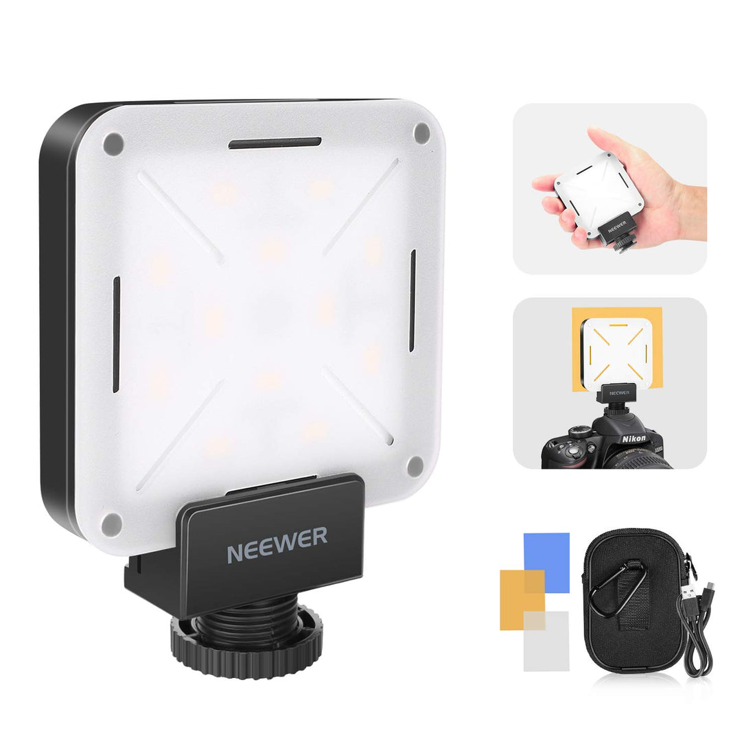 Neewer Mini LED Video Light Pocket-Size On-Camera Video Light 12-Piece LED Lighting CRI 95+ with Built in Battery, Hot Shoe Adapter and Carry Bag for Canon Nikon Sony and Other DSLR Cameras