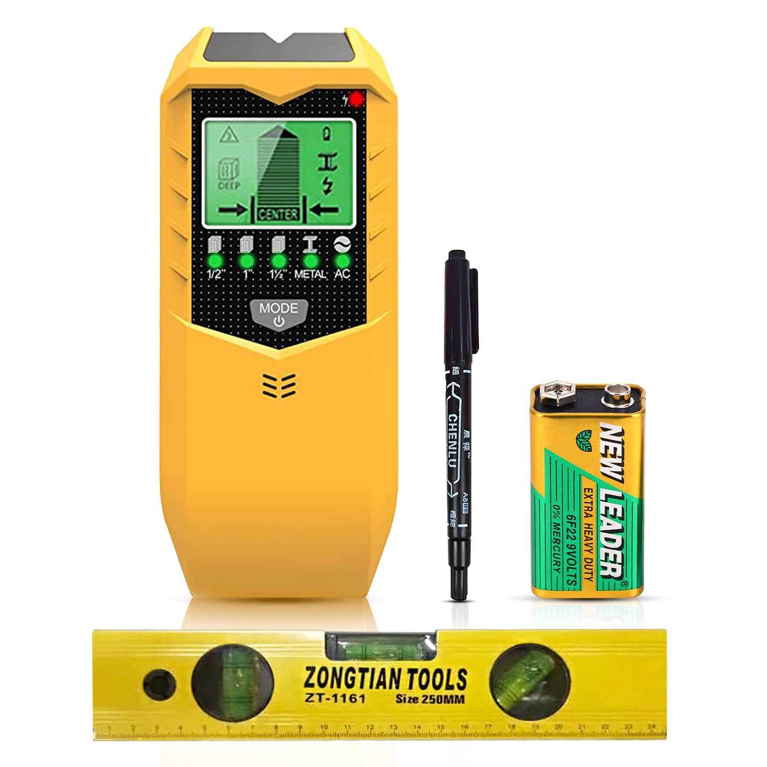 Stud Finder Wall Scanner 5 in 1 Upgraded Electronic Wall Scanner with Intelligent Microprocessor Chip,Batteries, Spirit Level Wood Metal and AC Wire Detection, HD LCD Display and Audio Alarm (Yellow)