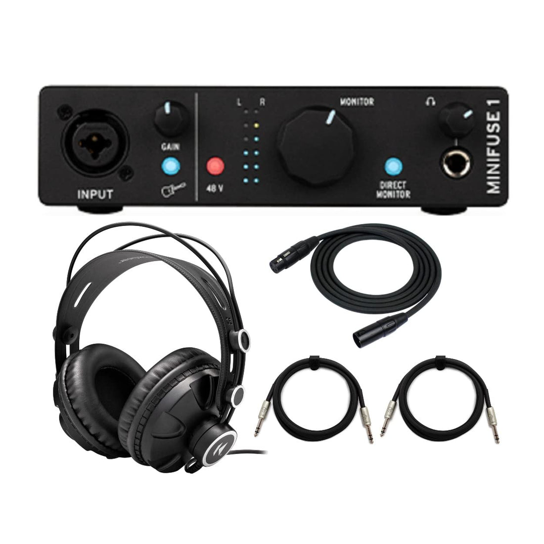 Arturia MiniFuse 1 USB-C Audio Interface (Black) Bundle with Studio Headphones, XLR Cable and TRS Cables (2-Pack) (5 Items)