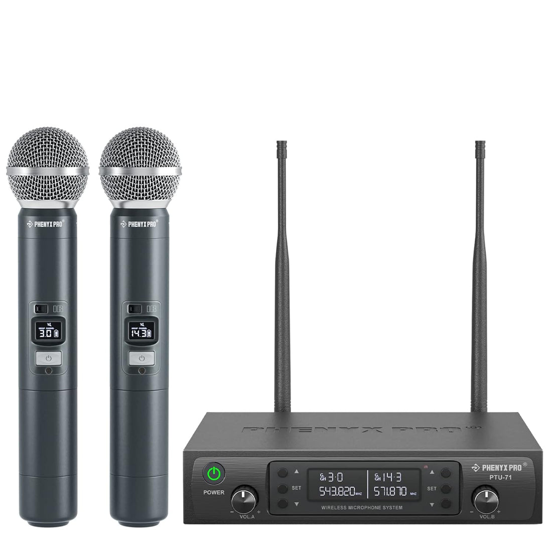 Wireless Microphone System, Phenyx Pro Dual UHF Cordless Mic Set with Handheld Mics, All Metal, 2x200 Channels, Interference-Free Long Distance Operation, Ideal for Karaoke, Church, (PTU-71A)