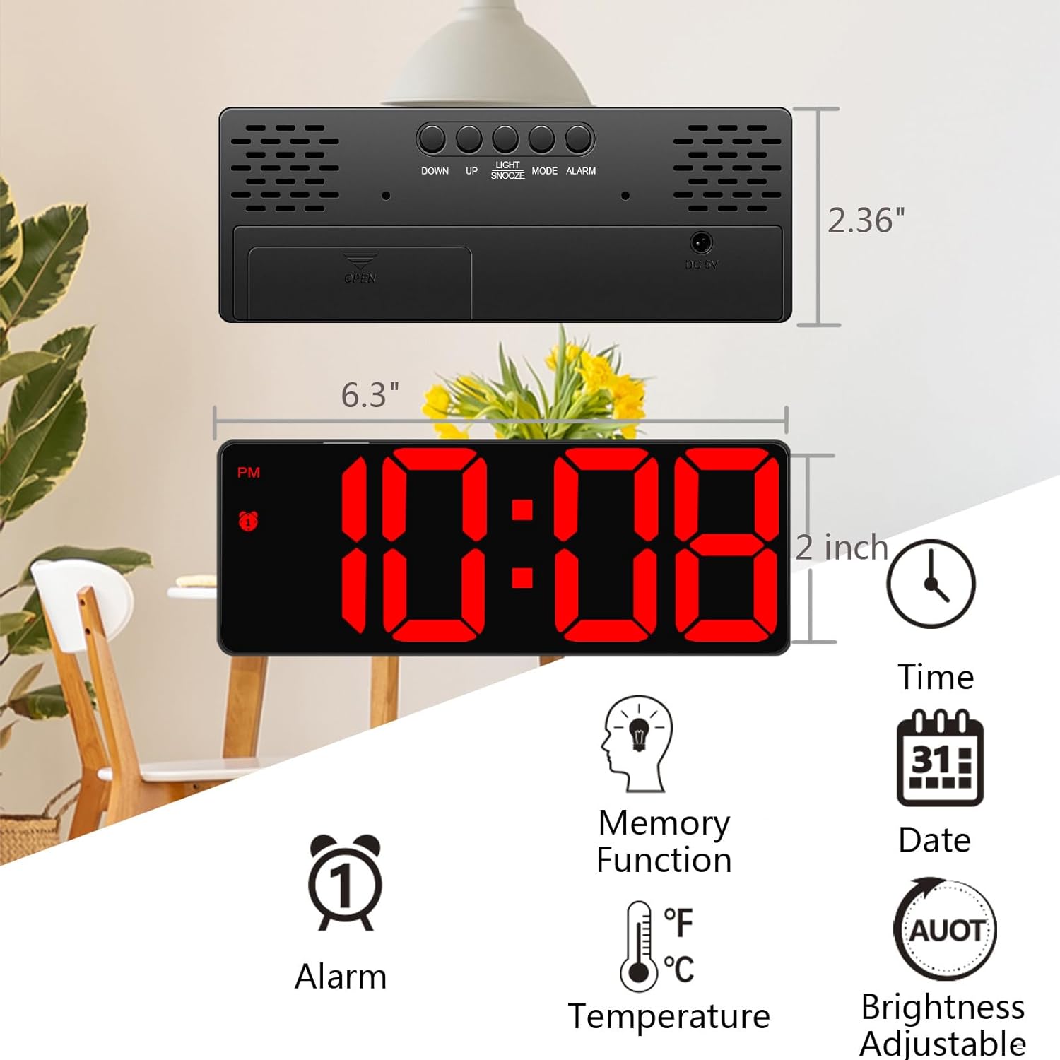 Yaboodn Digital Alarm Clock for Bedrooms, 6.5 inch LED Display with Red Digits, 3 Levels Brightness Adjustable, Desk Alarm, Table Clock with 1 Alarm, 12/24H, Temperature, Calendar Corded Powered(Red)