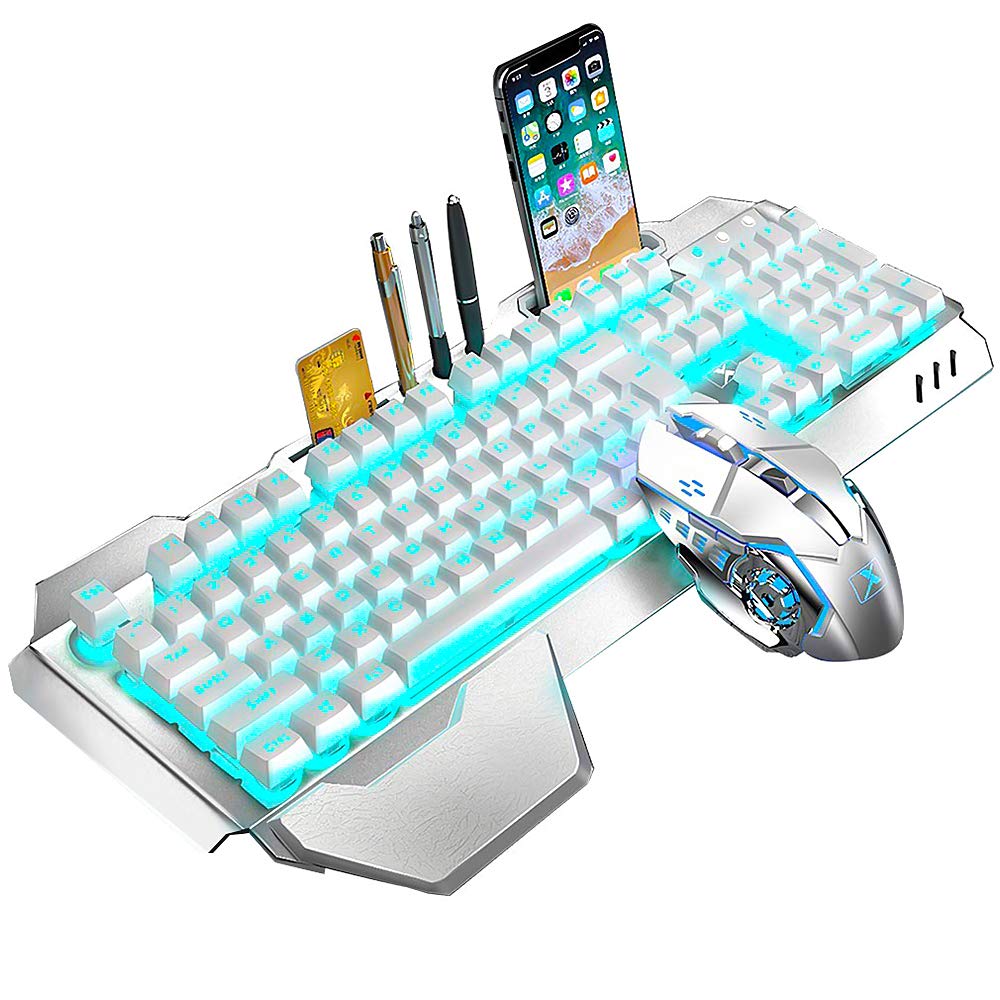 LexonElec Wireless Keyboard & Mouse,Blue LED Backlit Rechargeable Keyboard Mouse with 3800mAh Battery Metal Panel,Removable H& Rest Mechanical Feel Keyboard & 7 Color Gaming Mute Mouse for PC Gamers