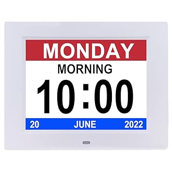 Digital Day Calendar Clock 8 Inch 12 Alarms Non-Abbreviations Day & Month Electronic Dementia Alzheimer Vision Impaired Memory Loss Desk Wall Clock
