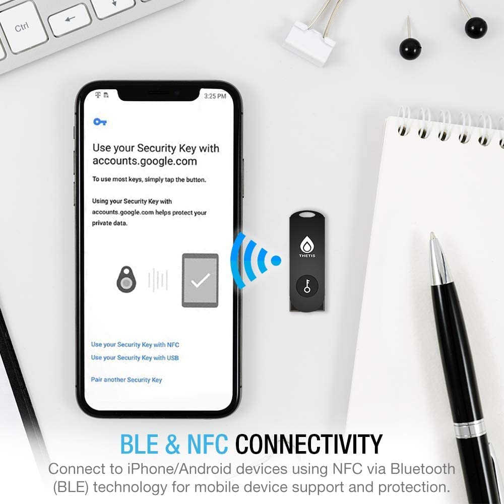 Thetis Security Key - U2F and FIDO2, USB A, Two Factor Authenticator with Bluetooth, Multi-Layered Authentication Protection HOTP U2F Compatible Windows, MacOS, Gmail, Linux - Black