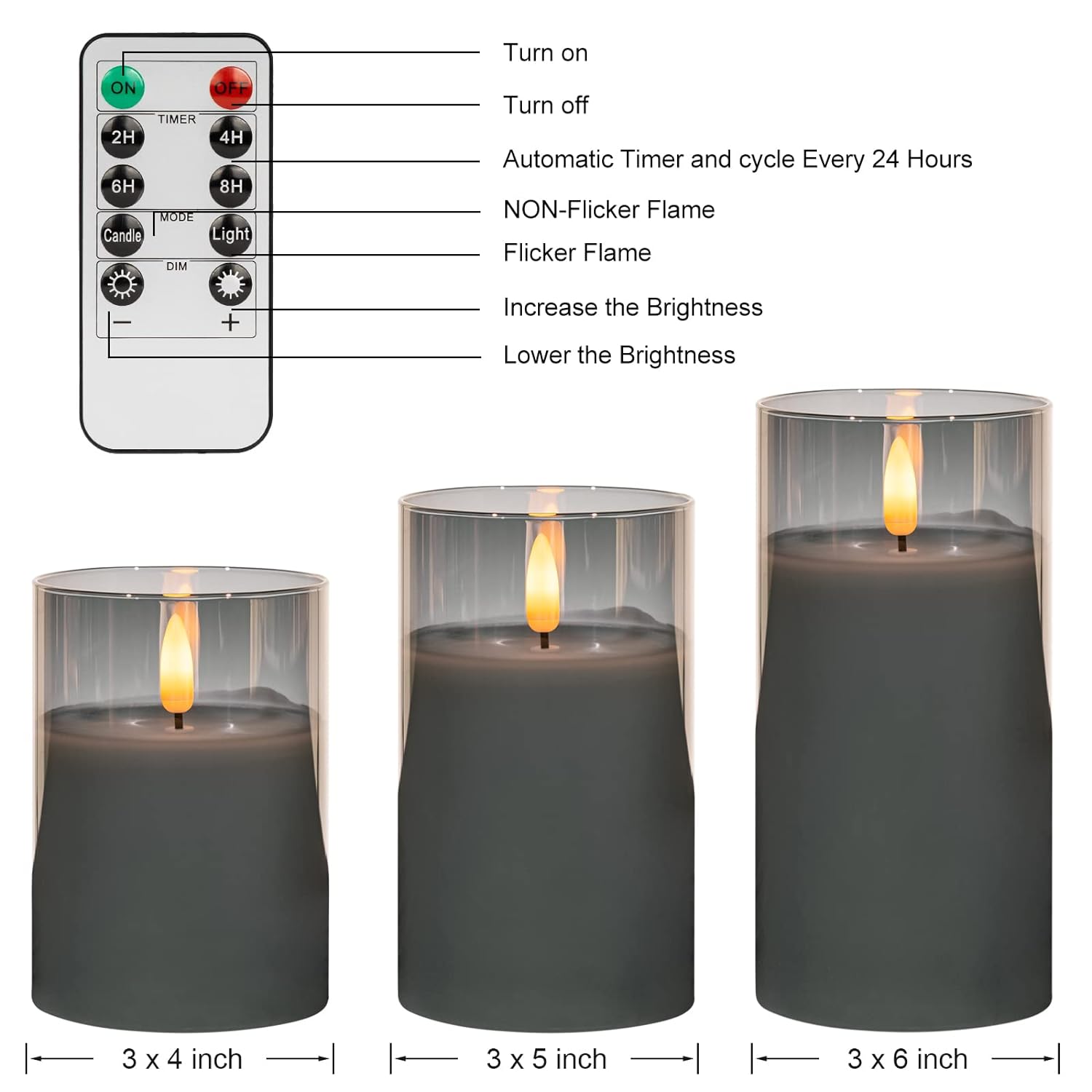 ANGELLOONG Glass Battery Operated Candles, Flickering Flameless Candles with Remote and Timer, LED Electric Pillar Candles for Home Farmhouse Bathroom Decor, Gray