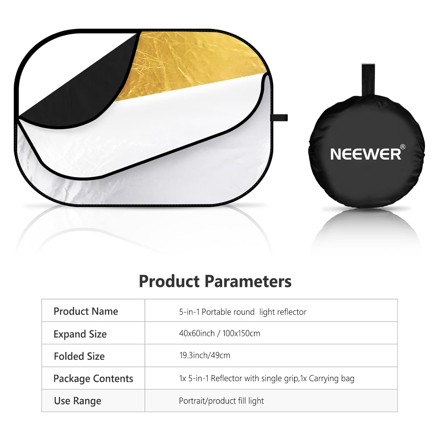 Neewer 5 in 1 Portable Multi 40"x 60"/100 x 150CM Camera Lighting Reflector/Diffuser Kit with Carrying Case for Photpgraphy