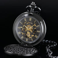 Alwesam Exquisitely Deer Pattern Mechanical Hand Wind Pocket Watch Roman Numerals Scale Steampunk with Chain Box, black-D